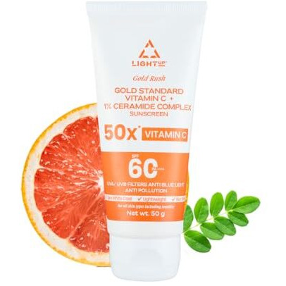 Light Up Gold Rush Gold Standard Vitamin C + 1% Ceramide Complex Sunscreen, Spf 60 Pa ++++, Uva/Uvb Filters Anti Blue Light Anti Pollution - 50G|For All, Normal, Oily, Dry, Sensitive Skin Types