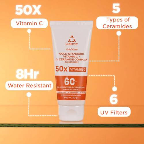 Light Up Gold Rush Gold Standard Vitamin C + 1% Ceramide Complex Sunscreen, Spf 60 Pa ++++, Uva/Uvb Filters Anti Blue Light Anti Pollution - 50G|For All, Normal, Oily, Dry, Sensitive Skin Types