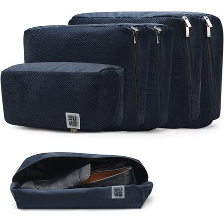 Eume Storage Pods- Polyester Packing Cubes For Men And Women Luggage Travel Organizer Set Of Packing Bag (2 Xl, 2 Large, 1 Medium Toiletry Bag, Shoe Bag) (Set Of 6, Navy Blue)