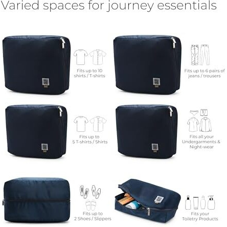 Eume Storage Pods- Polyester Packing Cubes For Men And Women Luggage Travel Organizer Set Of Packing Bag (2 Xl, 2 Large, 1 Medium Toiletry Bag, Shoe Bag) (Set Of 6, Navy Blue)