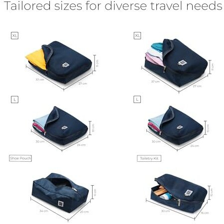 Eume Storage Pods- Polyester Packing Cubes For Men And Women Luggage Travel Organizer Set Of Packing Bag (2 Xl, 2 Large, 1 Medium Toiletry Bag, Shoe Bag) (Set Of 6, Navy Blue)