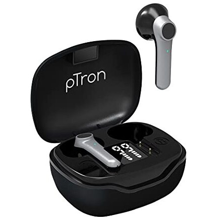 Ptron Basspods 281 Bt5.1 Tws In Ear Headphones With Deep Bass, Touch Control, Ipx4 Sweat/Water-Resistance, Stereo Calling & Passive Noise Canceling Earbuds With Digital Case (Black & Grey)