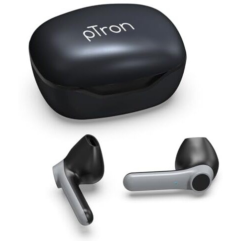 Ptron Basspods 281 Bt5.1 Tws In Ear Headphones With Deep Bass, Touch Control, Ipx4 Sweat/Water-Resistance, Stereo Calling & Passive Noise Canceling Earbuds With Digital Case (Black & Grey)