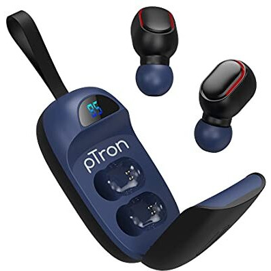 Ptron Basspods 381 True Wireless Bluetooth 5.1 Headphones With Deep Bass,5Hrs Playtime,Voice Assistance,Passive Noise Canceling Sweat-Resistant Tws Earbuds,Hd Mic & Digital Case (Black & Blue)-In Ear