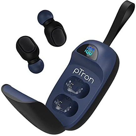 Ptron Basspods 381 True Wireless Bluetooth 5.1 Headphones With Deep Bass,5Hrs Playtime,Voice Assistance,Passive Noise Canceling Sweat-Resistant Tws Earbuds,Hd Mic & Digital Case (Black & Blue)-In Ear