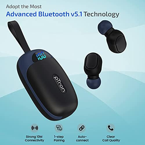 Ptron Basspods 381 True Wireless Bluetooth 5.1 Headphones With Deep Bass,5Hrs Playtime,Voice Assistance,Passive Noise Canceling Sweat-Resistant Tws Earbuds,Hd Mic & Digital Case (Black & Blue)-In Ear