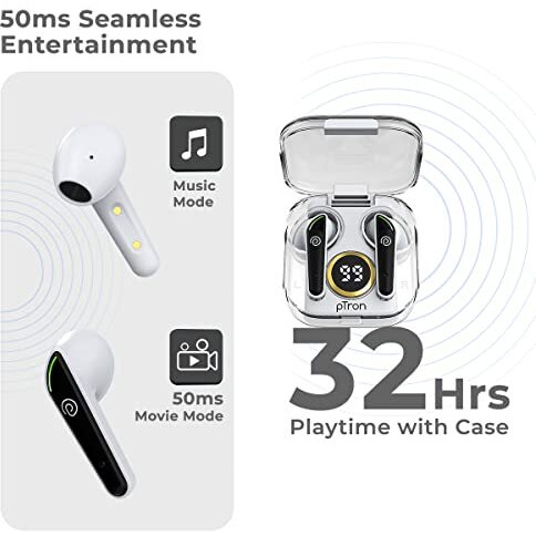 Ptron Newly Launched Bassbuds Nyx In-Ear Wireless Headphone, Immersive Audio, Bt5.1, Stereo Calls, 50Ms Movie Mode, Touch Control Tws Earbuds, Digital Case, Type-C Fast Charging & Ipx4 (White/Black)
