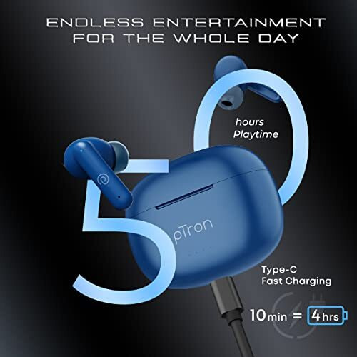 Ptron Newly Launched Bassbuds Zen In-Ear Wireless Tws Earbuds With Quad Enc Mic Trutalk, 50Hrs Playtime, Bluetooth Headphone 5.3 With Mic, Deep Bass, Touch Control, Type-C Fast Charging & Ipx4 (Blue)