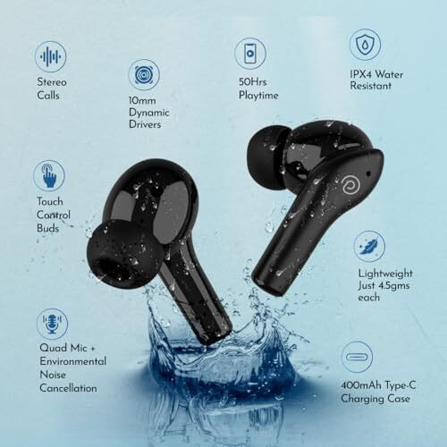 Ptron Basspods Encore Quad Mic Enc Tws Earbuds With 50H Playtime, Immersive Sound, In-Ear Bluetooth 5.3 Headphones, Type-C Fast Charging, Voice Assistant, Touch Controls & Ipx4 Water Resistant (Black)