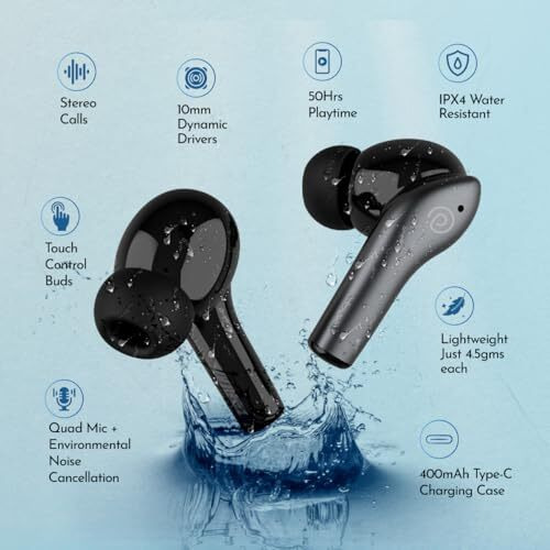 Ptron Basspods Encore Quad Mic Enc Tws Earbuds With 50H Playtime, Immersive Sound, In-Ear Bluetooth 5.3 Headphones, Type-C Fast Charging, Voice Assistant, Touch Controls & Ipx4 Water Resistant (Grey)