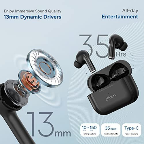 Ptron Newly Launched Bassbuds Neo In-Ear Tws Earbuds, Hd Mic & Trutalk Enc Calls, Game/Music Modes, 35Hrs Playtime, Bluetooth 5.3 Headphones, Type-C Fast Charging & Ipx5 Water Resistant (Black)