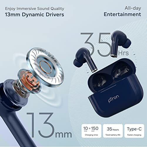 Ptron Newly Launched Bassbuds Neo Tws Earbuds, Hd Mic & Trutalk Enc Calls, Game/Music Modes, 35Hrs Playtime, In-Ear Bluetooth 5.3 Headphones, Type-C Fast Charging & Ipx5 Water Resistant (Blue)