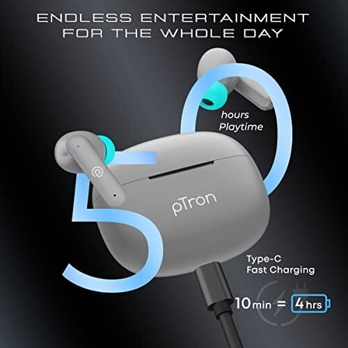 Ptron Newly Launched Bassbuds Zen In-Ear Wireless Tws Earbuds With Quad Enc Mic Trutalk, 50Hrs Playtime, Bluetooth Headphone 5.3 With Mic, Deep Bass, Touch Control, Type-C Fast Charging & Ipx4 (Grey)