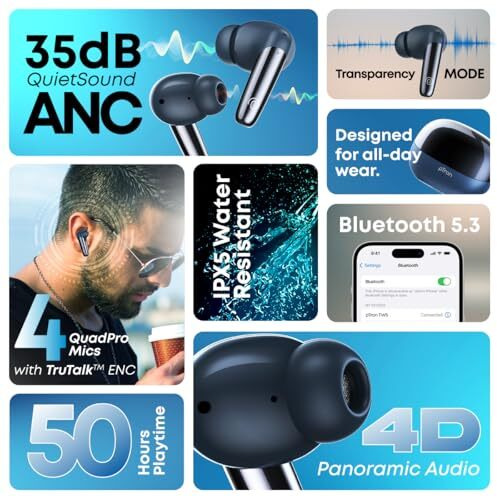 Ptron Zenbuds Ultima Anc Earbuds, 35Db Quietsound Anc, 4 Quadpro Mics With Trutalk Enc Calls, 4D Panaromic Audio, Transparency Mode, 50Hrs Playtime, In Ear Bt 5.3 Wireless Headphones & Ipx5 (Blue)