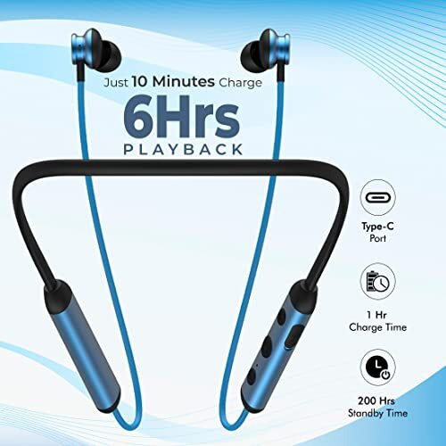 Ptron Intunes Ultima In-Ear Wireless Earphones With Mic, 18 Hrs Music With Mega Bass, Bluetooth 5.0 Neckband, Lightweight, Voice Assistant, Type-C Fast Charging, Ipx4 Water Resistant (Black & Blue)