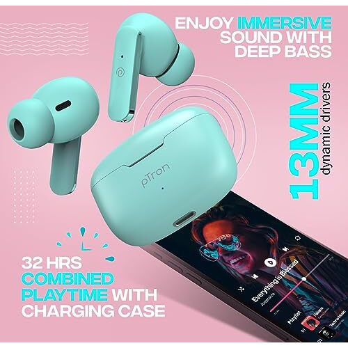 Ptron Bassbuds Duo In-Ear Wireless Earbuds, Immersive Sound, 32Hrs Playtime, Clear Calls Tws Earbuds, Bluetooth V5.1 Headphone, Type-C Fast Charging, Voice Assistant & Ipx4 Water Resistant(Mint Green)