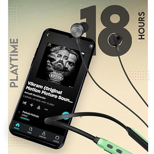 Zimo Aeroflex Bluetooth 5.2 Wireless In-Ear Headphones, 18Hrs Playtime, Deep Bass, Hd Calls, Dual Device Pairing, Voice Assist, Type-C Fast Charge Wireless Neckband, Ipx4 Water Resistant (Green/Black)