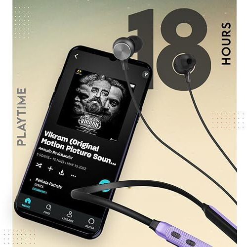 Zimo Aeroflex Bluetooth 5.2 Wireless In-Ear Headphones, 18Hrs Playtime, Deep Bass, Hd Calls, Dual Device Pairing, Voice Assist, Type-C Fast Charge Wireless Neckband, Ipx4 Water Resistant(Purple/Black)