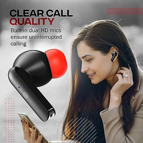Ptron Bassbuds Duo In-Ear Wireless Earbuds, Immersive Sound, 32Hrs Playtime, Clear Calls Tws Earbuds, Bluetooth V5.1 Headphone, Type-C Fast Charging, Voice Assist & Ipx4 Water Resistant (Black & Red)