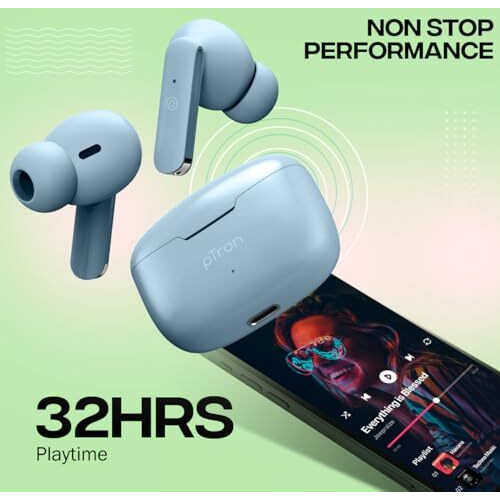 Ptron Bassbuds Duo In-Ear Wireless Earbuds, Immersive Sound, 32Hrs Playtime, Clear Calls Tws Earbuds, Bluetooth V5.1 Headphone, Type-C Fast Charging, Voice Assist & Ipx4 Water Resistant (Blue Matt)