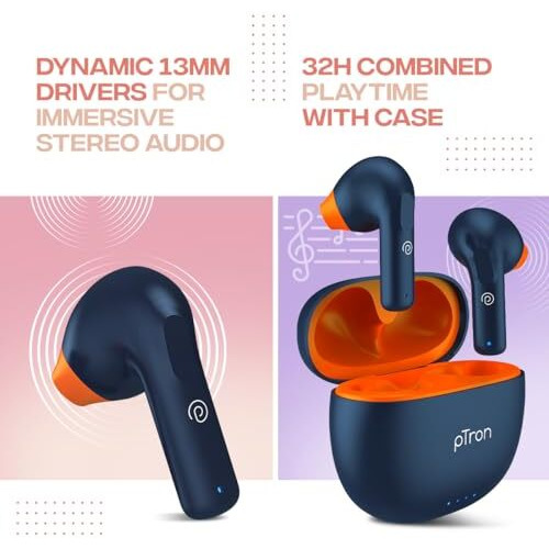 Ptron Bassbuds Nx In Ear Tws Earbuds, Trutalk Ai-Enc Calls, 32Hrs Playtime, 13Mm Drivers, Bluetooth 5.3 Wireless Headphone, Voice Assistant, Type-C Fast Charging & Ipx5 Water Resistant(Blue)