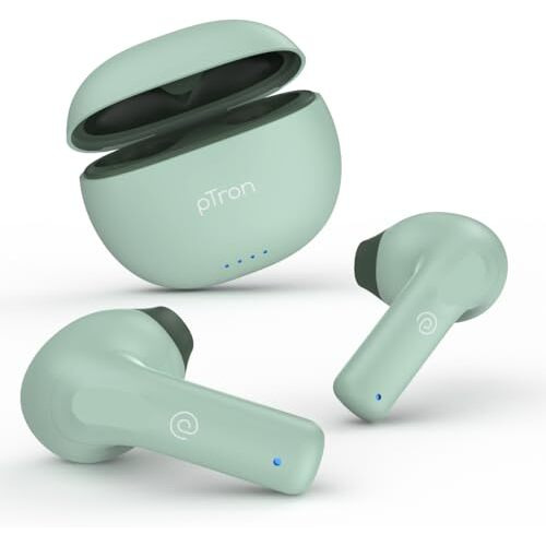 Ptron Bassbuds Nx In Ear Tws Earbuds, Trutalk Ai-Enc Calls, 32Hrs Playtime, 13Mm Drivers, Bluetooth 5.3 Wireless Headphone, Voice Assistant, Type-C Fast Charging & Ipx5 Water Resistant(Green)