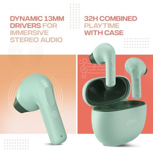 Ptron Bassbuds Nx In Ear Tws Earbuds, Trutalk Ai-Enc Calls, 32Hrs Playtime, 13Mm Drivers, Bluetooth 5.3 Wireless Headphone, Voice Assistant, Type-C Fast Charging & Ipx5 Water Resistant(Green)