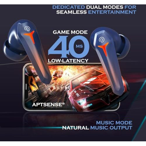 Ptron Bassbuds Razer Tws Earbuds, 40Ms Gaming Low Latency, Trutalk Ai-Enc Calls, Deep Bass, 45Hrs Playtime, Hd Mic, In-Ear Bluetooth 5.3 Headphones, Type-C Fast Charging & Ipx5 (Blue)