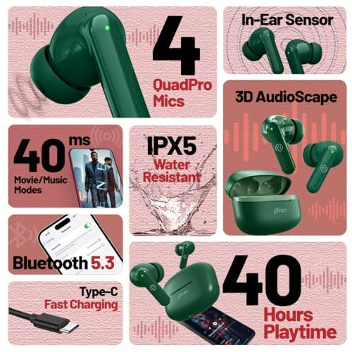 Ptron Newly Launched Zenbuds X1 Quad Mic Tws Earbuds, Trutalk Enc Calls, 40H Playtime, In-Ear Sensor, 40Ms Movie/Music Modes,Bluetooth 5.3 Headphones, Typec Fast Charging & Ipx5 Water Resistant(Green)