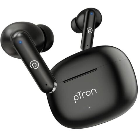 Ptron Bassbuds Air In-Ear Tws Earbuds With Deep Bass, 32Hrs Playtime, Built-In Hd Mic, Bluetooth V5.1, Touch Control, Type-C Fast Charging, Voice Assistant & Ipx4 Water Resistant (Pearl Black)