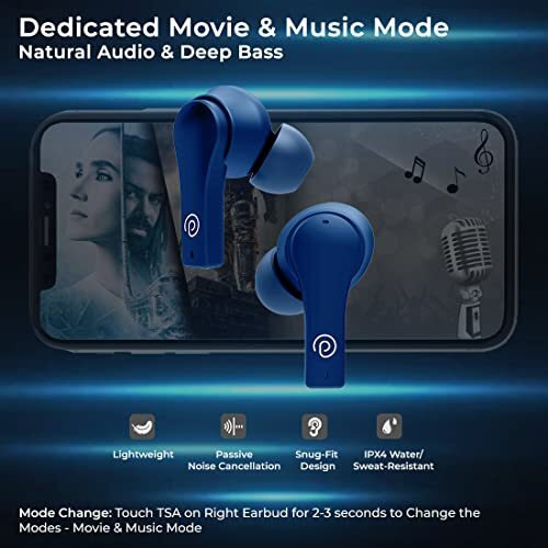 Ptron Bassbuds Tango In-Ear Tws Earbuds, Trutalk Ai-Enc Calls, Movie Mode, 40Hrs Playtime, Bluetooth 5.1 Headphone With Hd Mics, Touch Control, Ipx4 Water-Resistant & Type-C Fast Charging (Royal Blue)