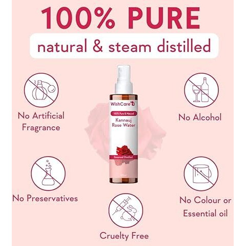 Wishcare 100% Pure & Natural Rose Water Liquid - For Skin, Face & Hair - Steam Distilled - Kannauj Gulab Jal - Spray Skin Toner - Free From Paraben, Alcohol & Chemicals - 200 Ml