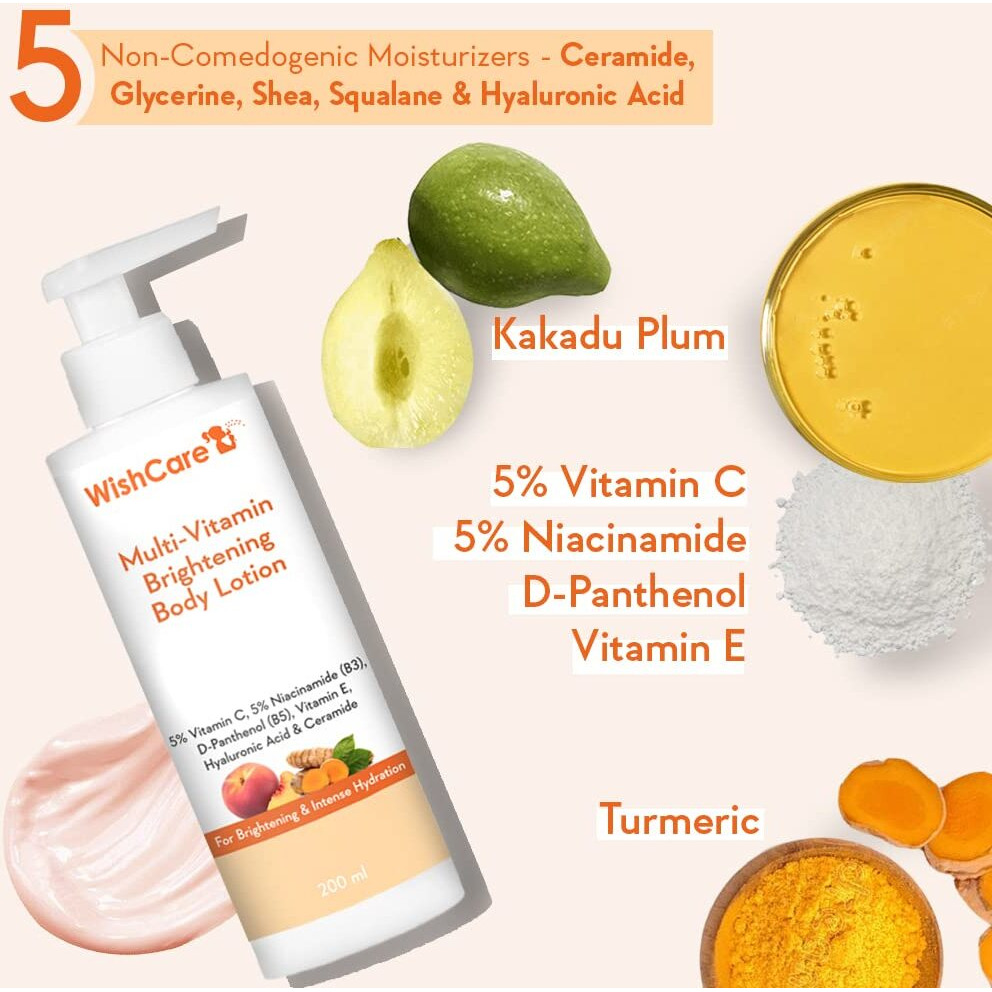 Wishcare Multi-Vitamin Brightening Body Lotion - 5% Vitamin C, 5% Niacinamide(B3), Panthenol(B5), Vitamin E, Turmeric & Kakadu Plum - For Men & Women - 200 Ml