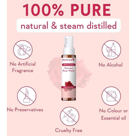 Wishcare 100% Pure & Natural Rose Water - For Skin, Face & Hair - Steam Distilled - Kannauj Gulab Jal - Spray Skin Toner - Free From Paraben, Alcohol & Chemicals - 50 Ml