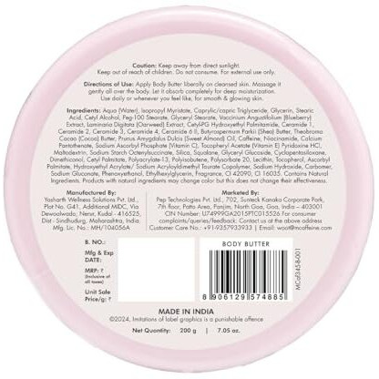 Mcaffeine Blueberry Swirl Deep Moisturizing Body Butter | 5 Essential Ceramides For Skin Repair With Shea Butter & Cocoa Butter | 72Hrs Long Lasting Moisturization | Winter Body Care | Fruity Blueberry Aroma | Body Butter For Women And Men - 200G