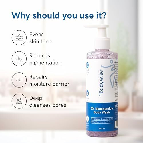 Be Bodywise 5% Niacinamide Brightening Body Wash | Hydrates & Deep Cleanses Skin | For Glowing & Hydrated Skin | With Aloe Vera, Vitamin B3 & E | For All Skin Types | 250Ml