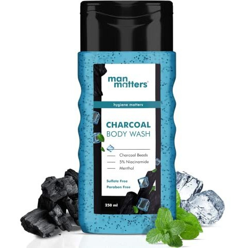 Man Matters 3 In 1 Action Charcoal & Menthol Body Wash | With Menthol, 5% Niacinamide & Activated Charcoal Beads | For Instant Cooling, Odor Protection & Improves Skin Texture | 250Ml