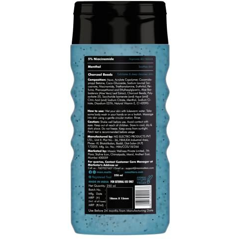 Man Matters 3 In 1 Action Charcoal & Menthol Body Wash | With Menthol, 5% Niacinamide & Activated Charcoal Beads | For Instant Cooling, Odor Protection & Improves Skin Texture | 250Ml