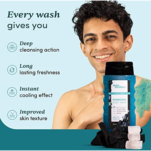 Man Matters 3 In 1 Action Charcoal & Menthol Body Wash | With Menthol, 5% Niacinamide & Activated Charcoal Beads | For Instant Cooling, Odor Protection & Improves Skin Texture | 250Ml