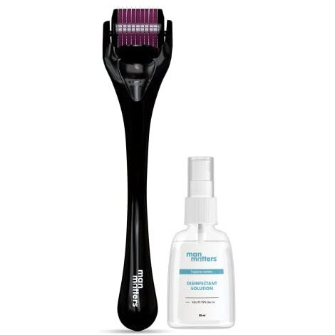 Man Matters 1.00 Mm Derma Roller With Disinfectant | With 540 Titanium Alloy Needles | Promotes Beard & Hair Growth & Reduces Acne Scars | Safe & Effective To Use