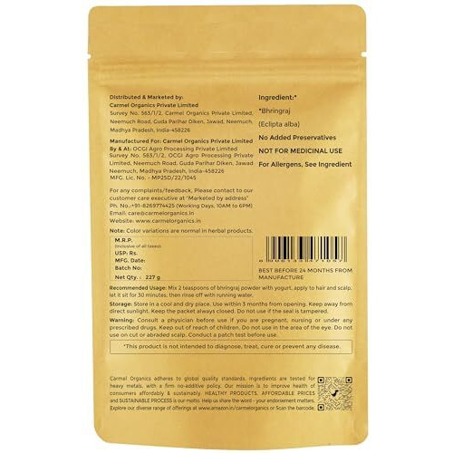 Carmel Organics Bhringraj Powder 227 Grams For Hair Care For Hair Growth, Scalp Health & Dandruff Control | Natural | No Added Preservatives And Additives| Karisalankanni