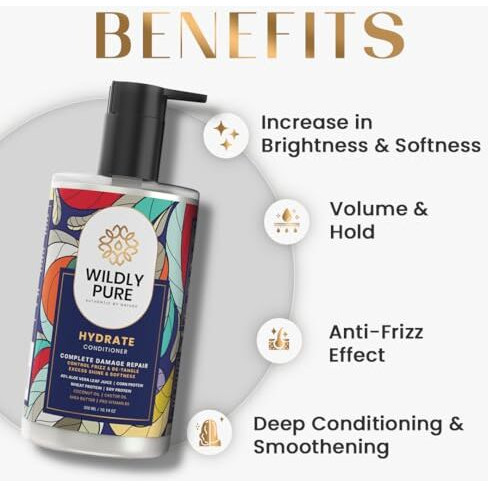Wildly Pure Natural Conditioner For Dry & Frizzy Hair| Deep Conditioning & Smoothening| Natural Biolipid Complex For 72 Hours Of Smoothening | 70% Frizz Reduction In One Wash| Strenthinening & Repair For Damaged Hair| Men & Women| 300Ml (Hydrate)