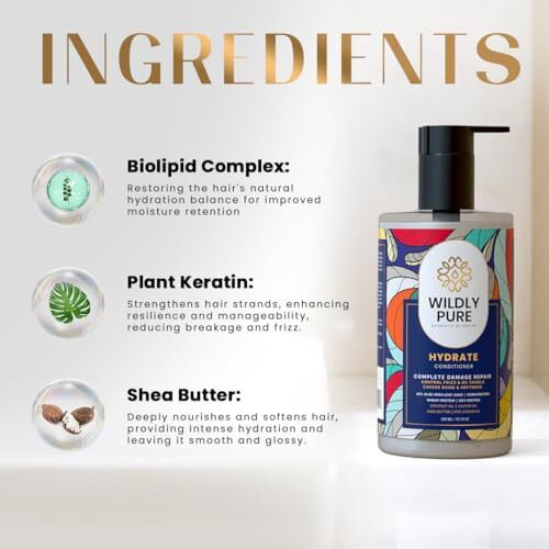 Wildly Pure Natural Conditioner For Dry & Frizzy Hair| Deep Conditioning & Smoothening| Natural Biolipid Complex For 72 Hours Of Smoothening | 70% Frizz Reduction In One Wash| Strenthinening & Repair For Damaged Hair| Men & Women| 300Ml (Hydrate)