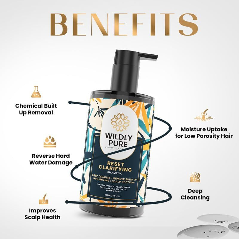 Wildly Pure Clarifying Shampoo For Hard Water & Metal Damage | For Oily Scalp & Low Porosity Hair | Deep Clensing Removes Built Up & Flakes | Rosemary, Hibiscus & Castor Oil | Sulphate, Paraben & Silicone Free | Men & Women | 300 Ml (Reset)