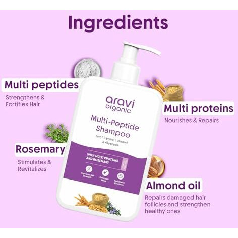 Aravi Organic Multi Peptide Anti-Hair Fall Shampoo - Acetyl Tripeptide 3, Palmitoyl, Oligopeptide & Rosemary - 200 Ml