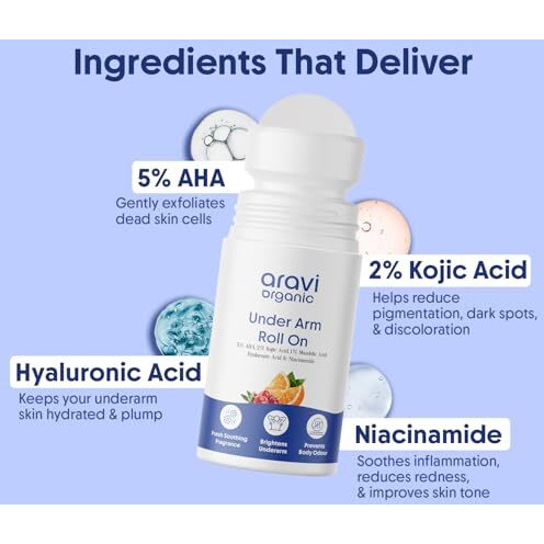 Aravi Organic Cooling Underarm Roll-On | 5% Aha, 2% Kojic Acid & 1% Mandelic Acid | Controls Odour & Sweat | Reduces Pigmentation & Exfoliates | Alcohol-Free & Aluminium-Free | Fresh Aqua Fragrance | 50Ml