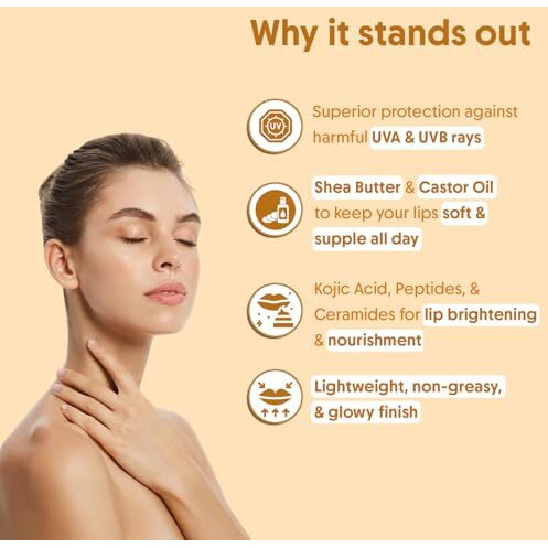 Aravi Organic Lip Glowy Balm With Spf 50 Pa+++ & Kojic Acid - Ceramide & Peptide - Sls & Paraben Free 5 Gm