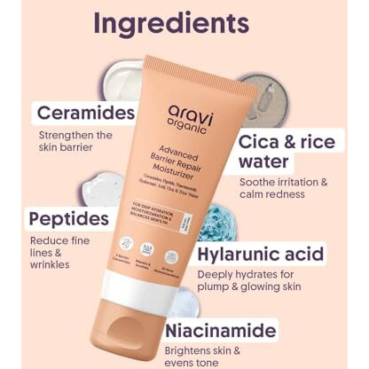 Aravi Organic Advanced Barrier Repair Moisturizer - With Ceramide, Peptide, Hyaluronic Acid & Cica - For Deep Moisturizing, Strengthening & Skin Barrier Repair - For All Skin Types - 100 Gm