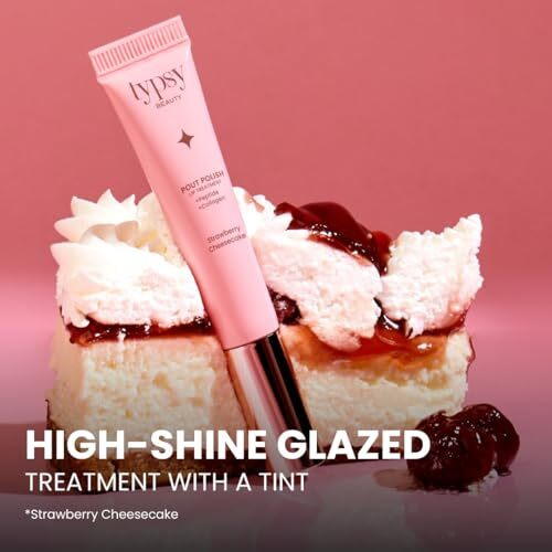 Typsy Beauty Pout Polish Peptide Lip Treatment Tinted Balm-Strawberry Cheesecake |Plump Lips With Hydration|Lip Balm For Dry And Chapped Lips|Lip Balm For Men & Women|Pink With Shimmer |8G