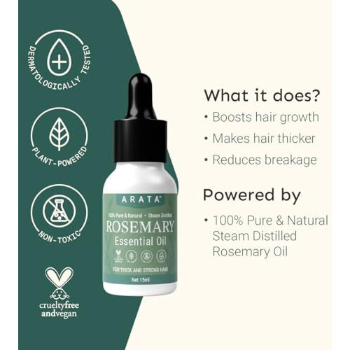 Arata Undiluted Rosemary Essential Oil For Hair Growth, Hair Fall Control & Nourishment | 100% Natural And Pure Blend | Strengthens Hair & Balances Scalp | 15Ml